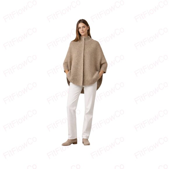 Michael Kors Sweaters - Michael Kors Beige Tan Marled Zip-Up Knit Poncho Cape Sweater Size XL